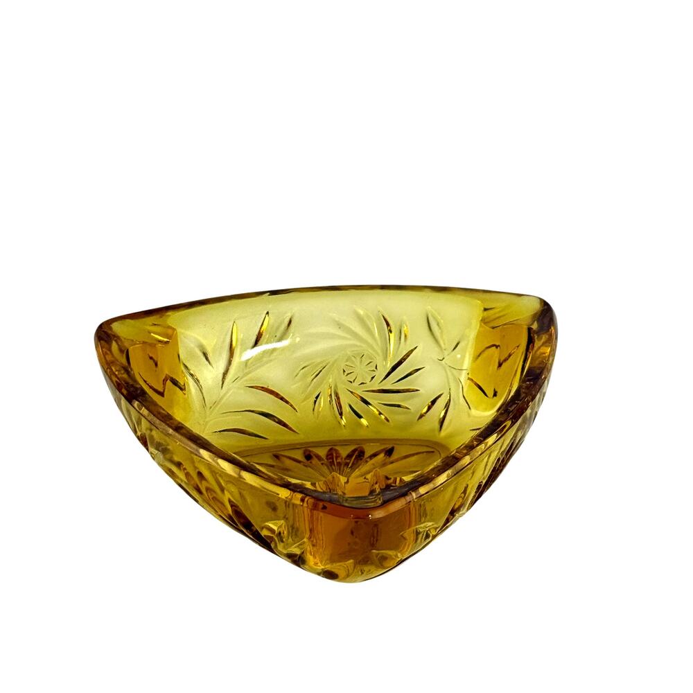 Amber Triangular Glass Ashtray 3 Rests Starburst Attributed to Hazel Atlas